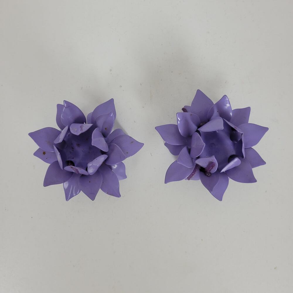 VINTAGE Lotus Flower Metal Purple Handmade Candle Holders Retro Set of 2 - Picture 8 of 13